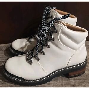 Combat Target Boots Womens 7.5 Combat Ivory Black PU Faux Leather Lace up Chunky
